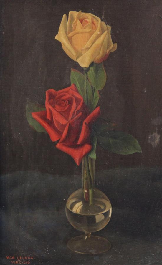 Ugo Celada (1895-1995) Still life of roses in a glass vase 13 x 8.5in.